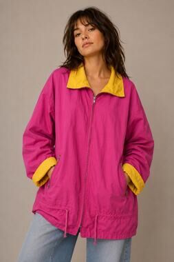Vintage 1980s Colorblock Jacket – Pink & Yellow Zip Front Windbreaker – Large